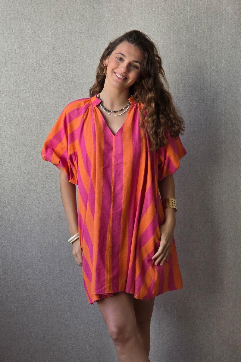 Vestido Manga Abullonada con Rayas Naranja