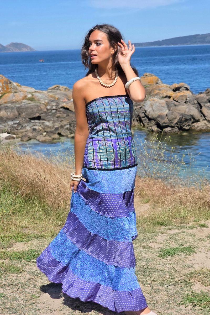 Vestido palabra de honor telas indias azulón