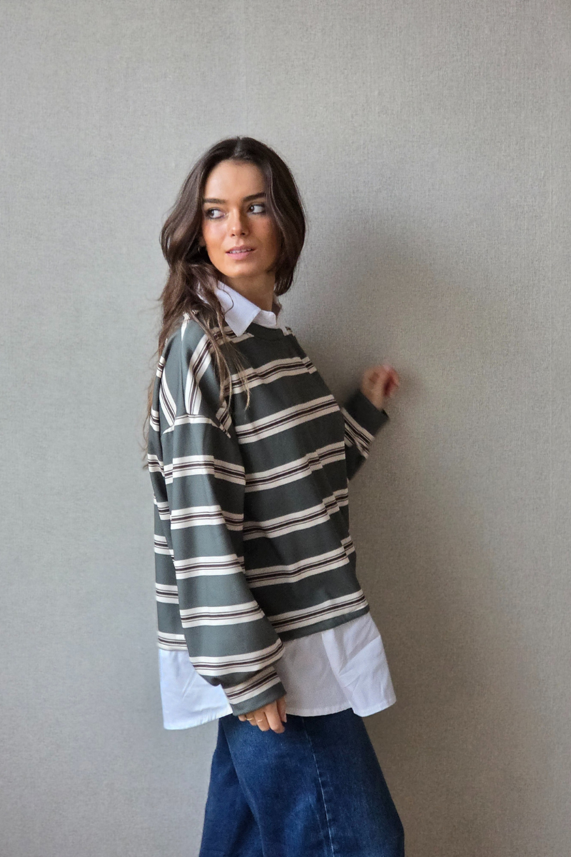 Jersey de Rayas Verde Militar y Marrón con Cuello Camisa