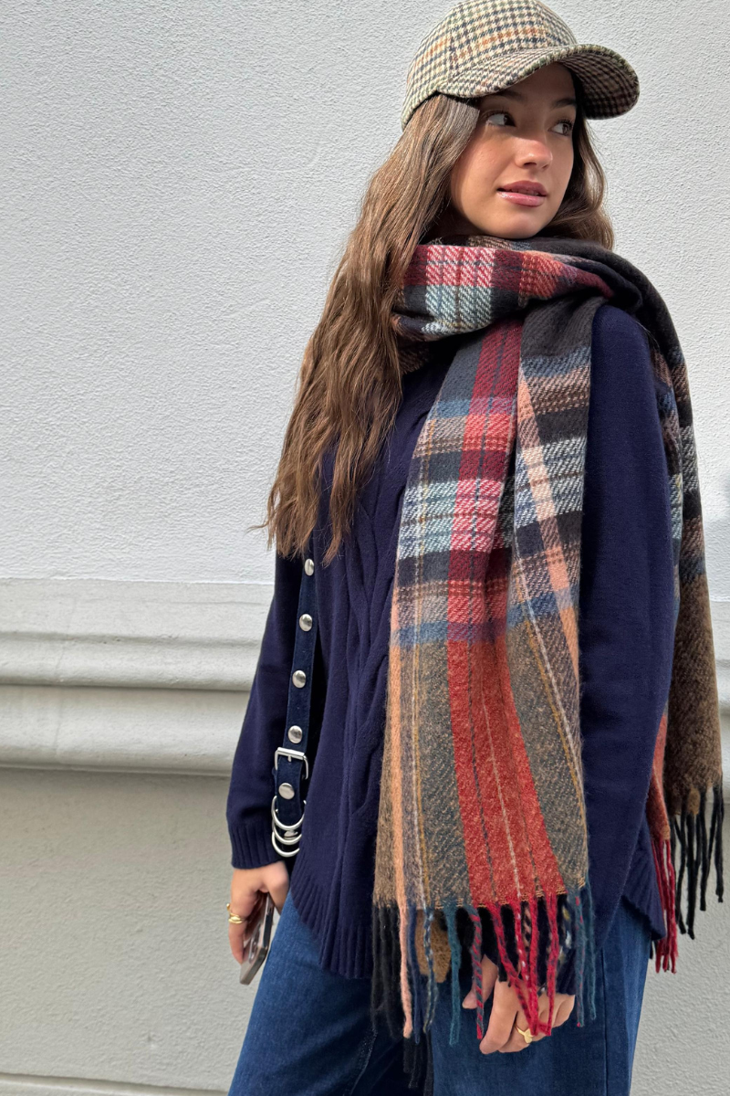 Bufanda de cuadros tipo escocés grande camel