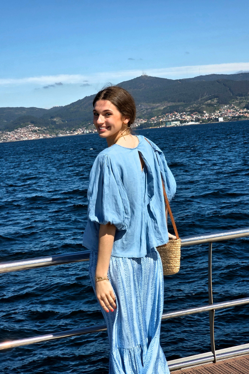 Blusa Manga Globo Azul Jean Claro