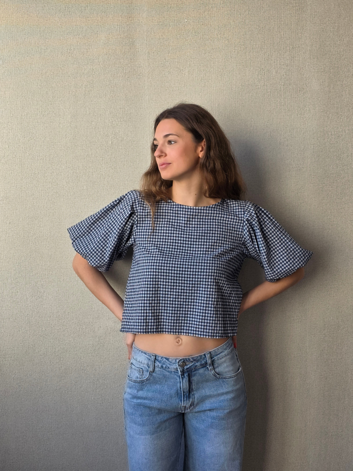 Blusa Manga Globo Cuadro Vichy Azul Marino