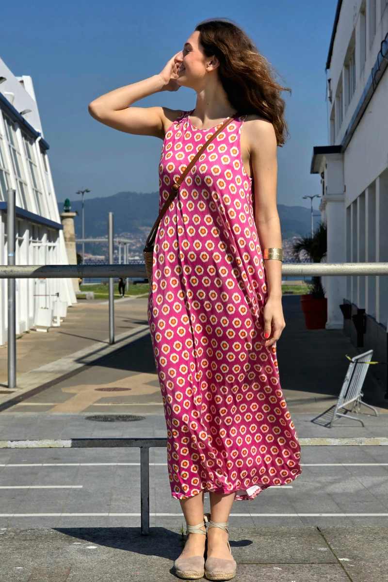 Vestido Largo Estampado Célula Fucsia elástico