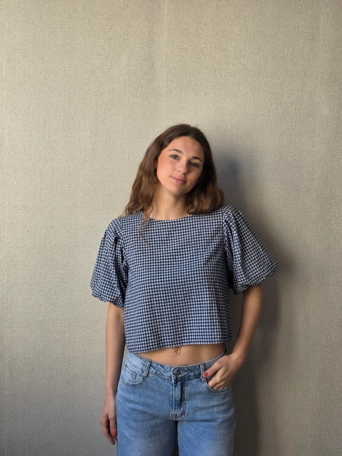 Blusa Manga Globo Cuadro Vichy Azul Marino