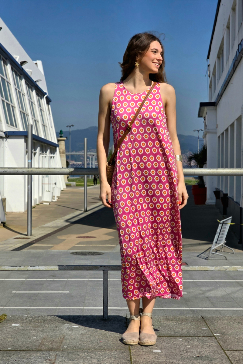 Vestido Largo Estampado Célula Fucsia elástico