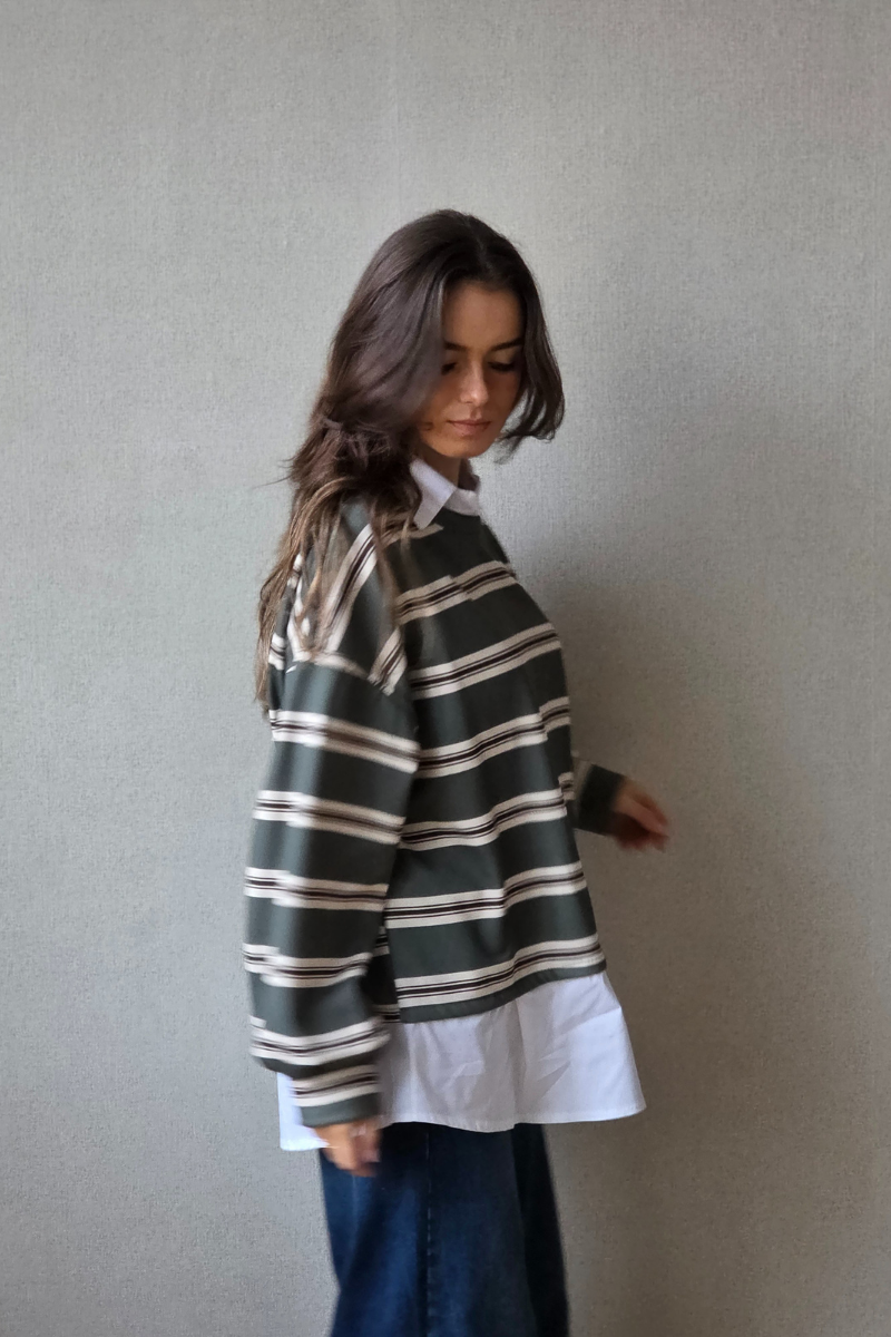 Jersey de Rayas Verde Militar y Marrón con Cuello Camisa