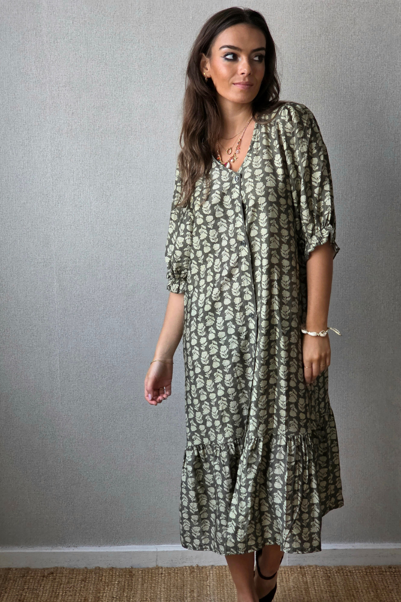 Vestido flores con botones caqui