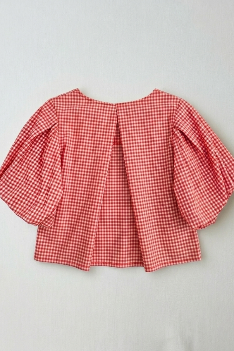 Blusa Manga Globo Cuadro Vichy Coral