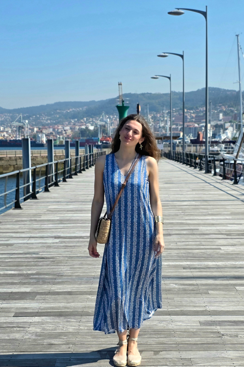 Vestido Largo Estampado Ramos Azul Jeans elástico