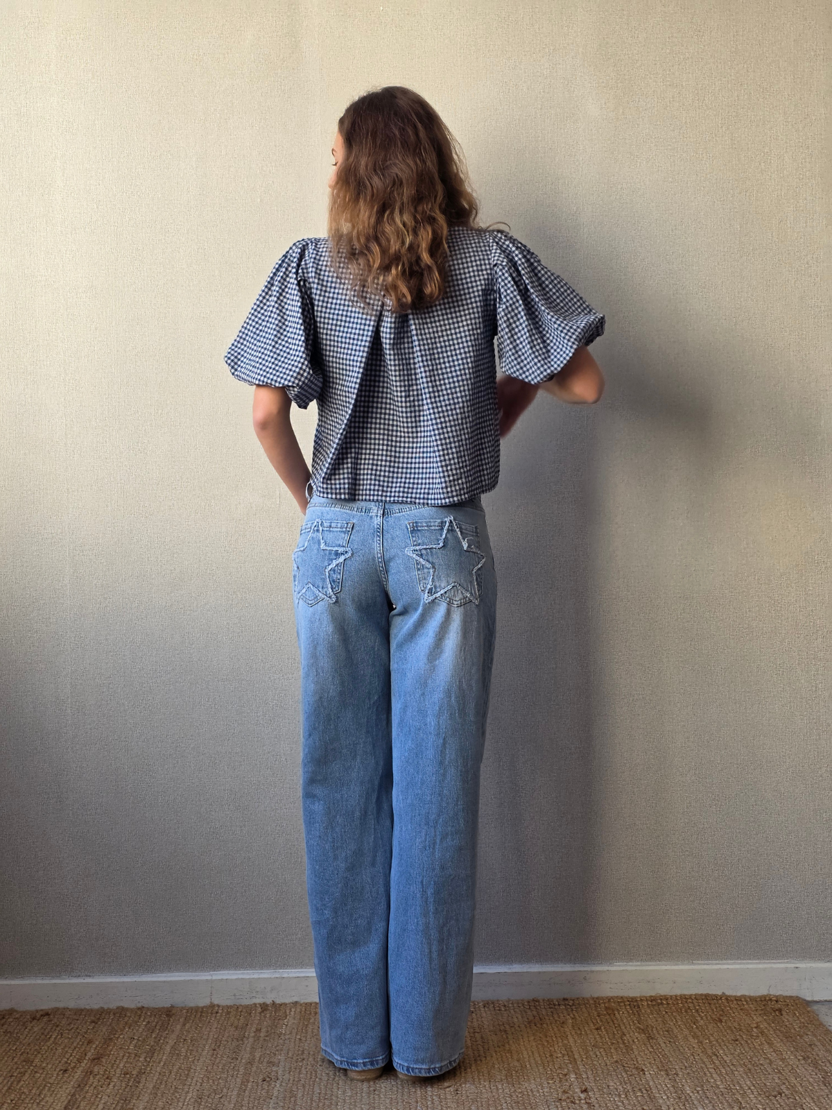 Blusa Manga Globo Cuadro Vichy Azul Marino