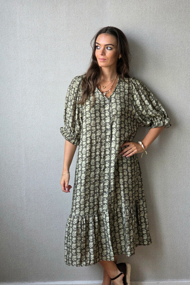 Vestido flores con botones caqui