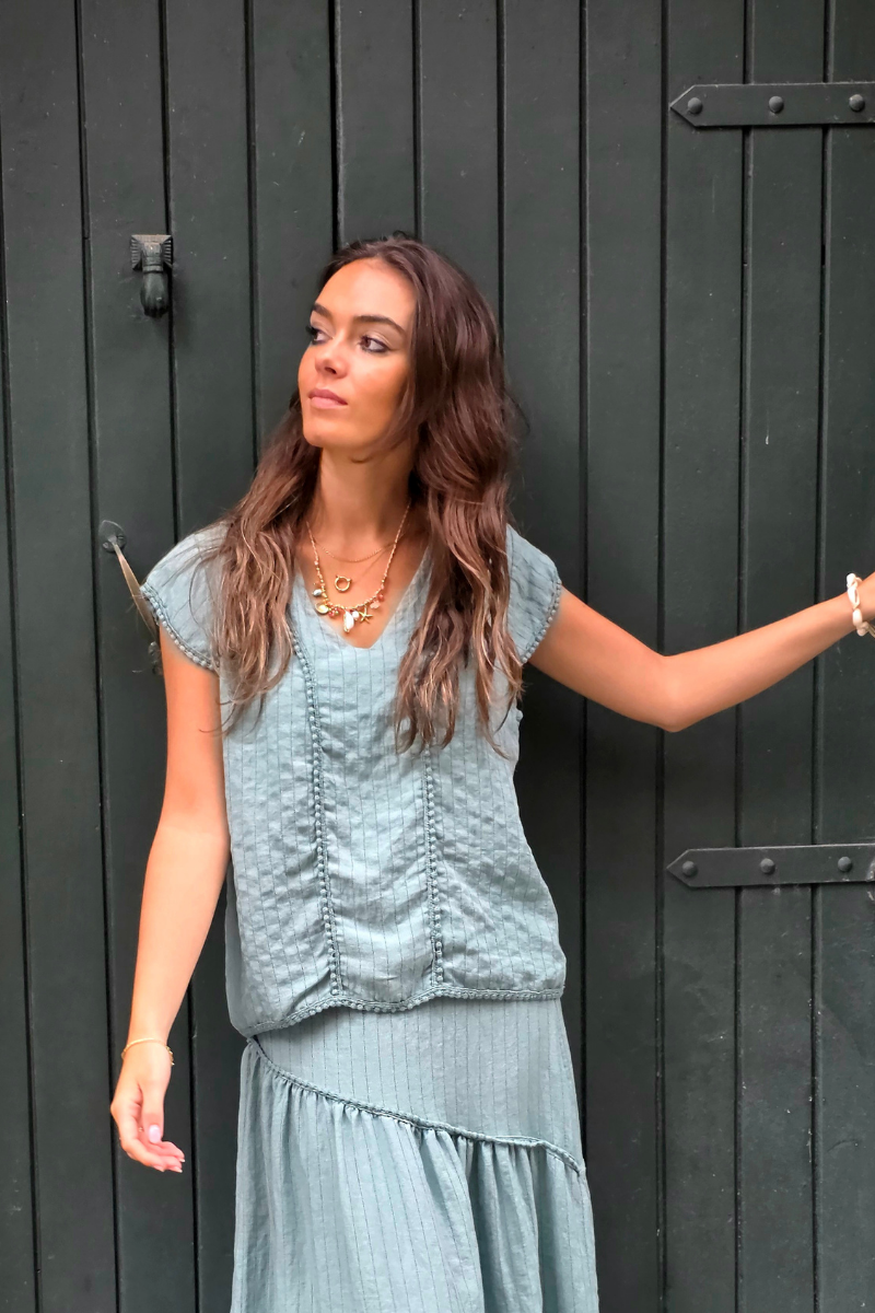 Blusa Rayas Verde Bonito tipo lino