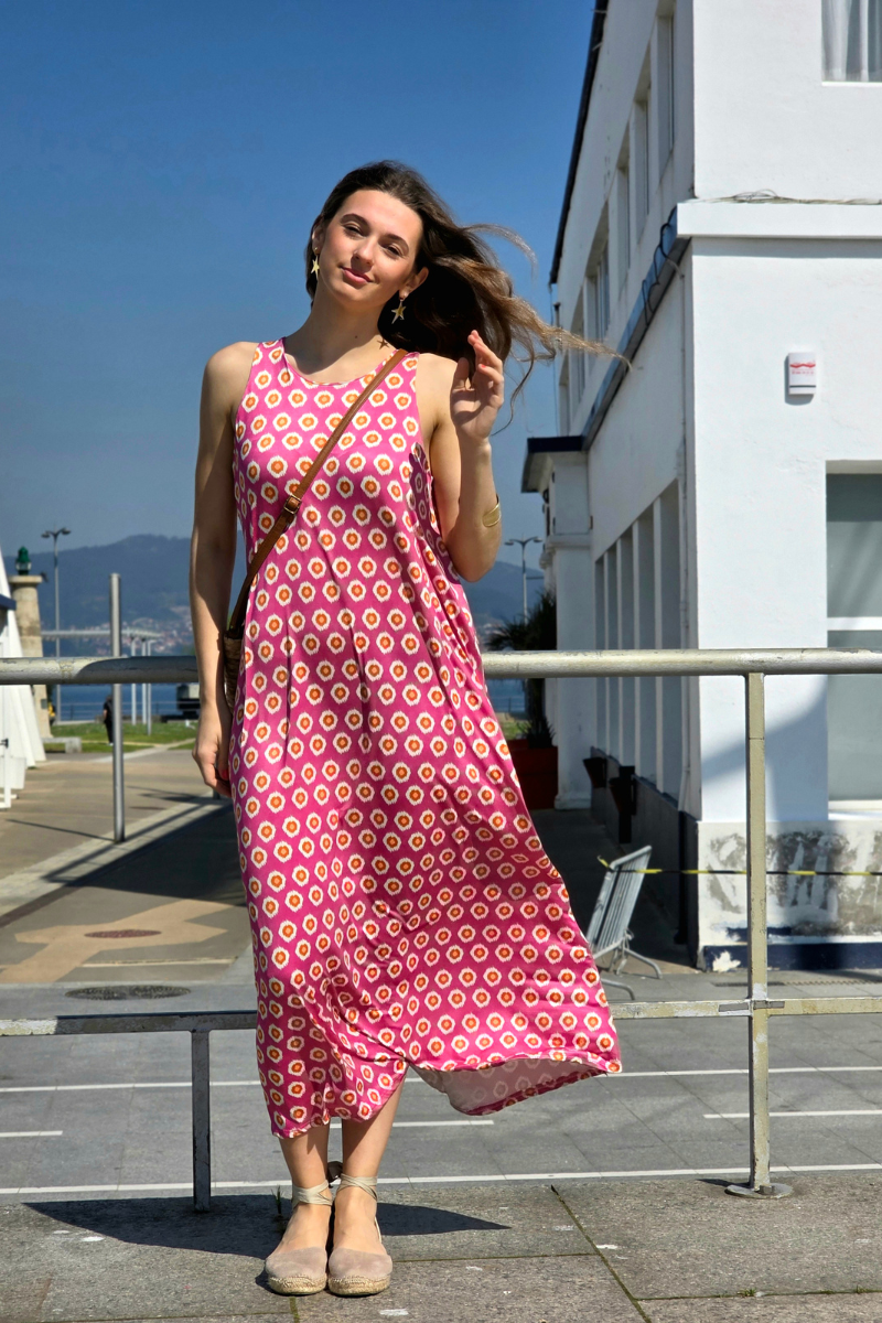 Vestido Largo Estampado Célula Fucsia elástico