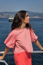 Blusa Manga Globo Cuadro Vichy Coral