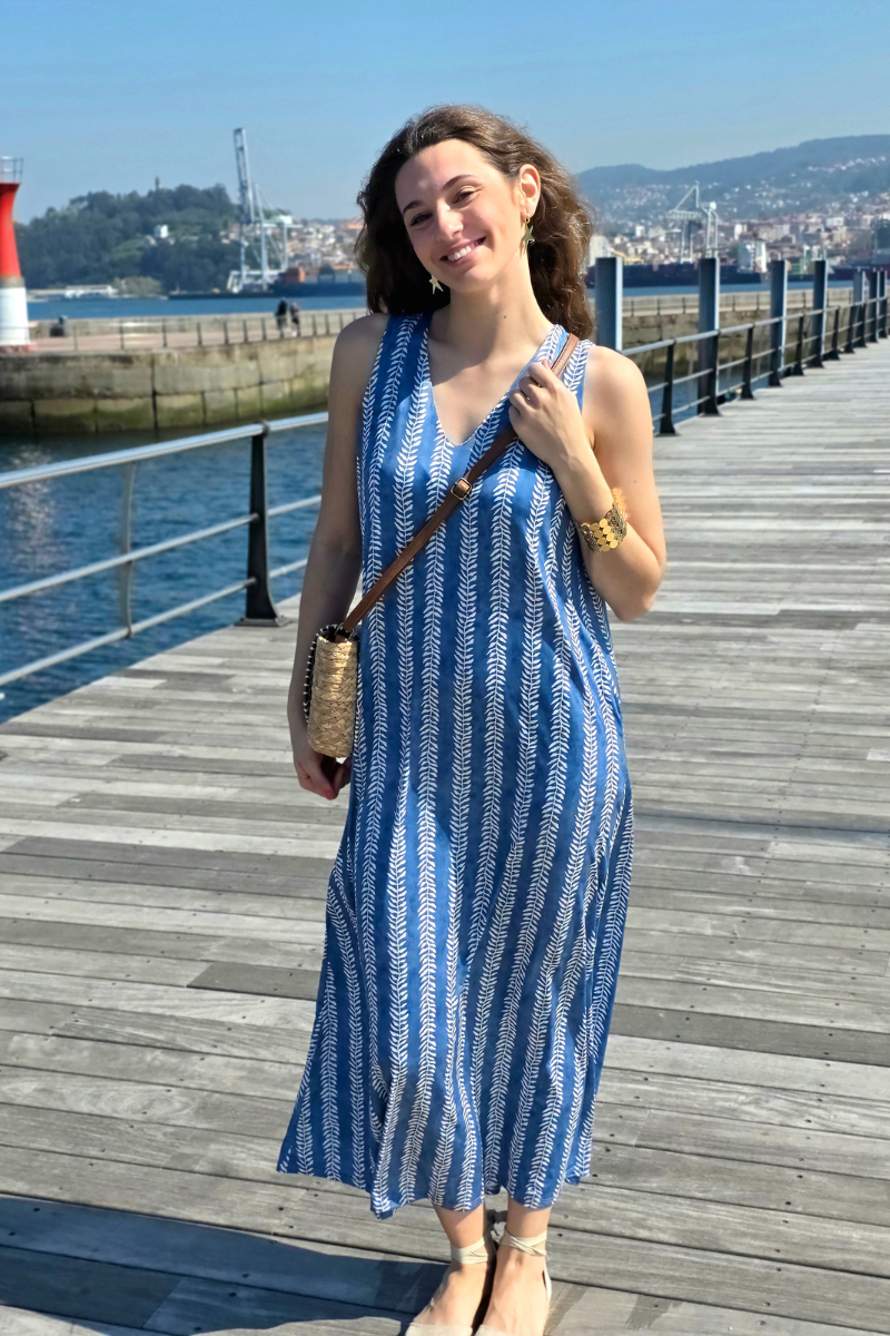 Vestido Largo Estampado Ramos Azul Jeans elástico