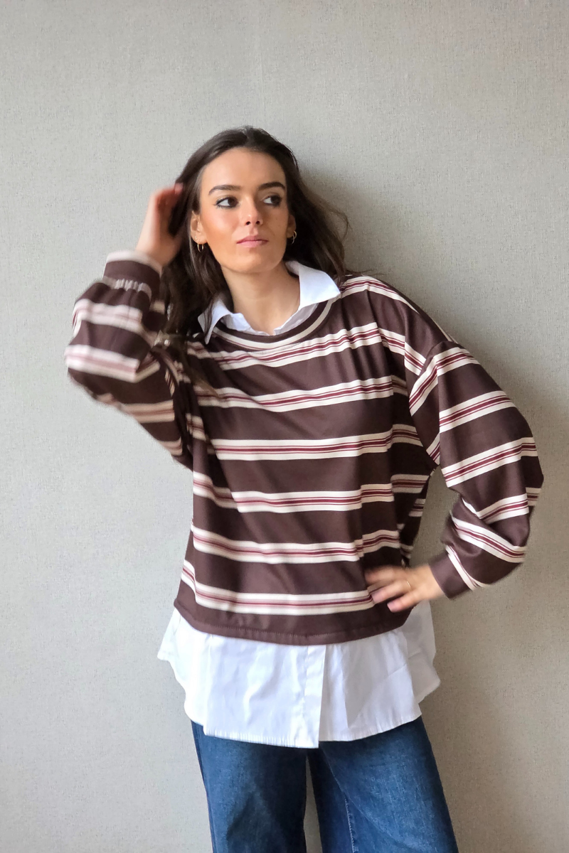 Jersey de rayas chocolate y rosa con detalle de camisa falsa