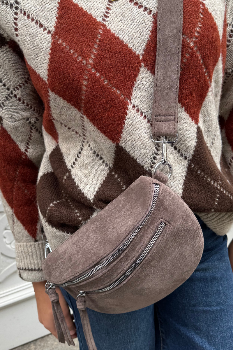 Riñonera bandolera de antelina topo