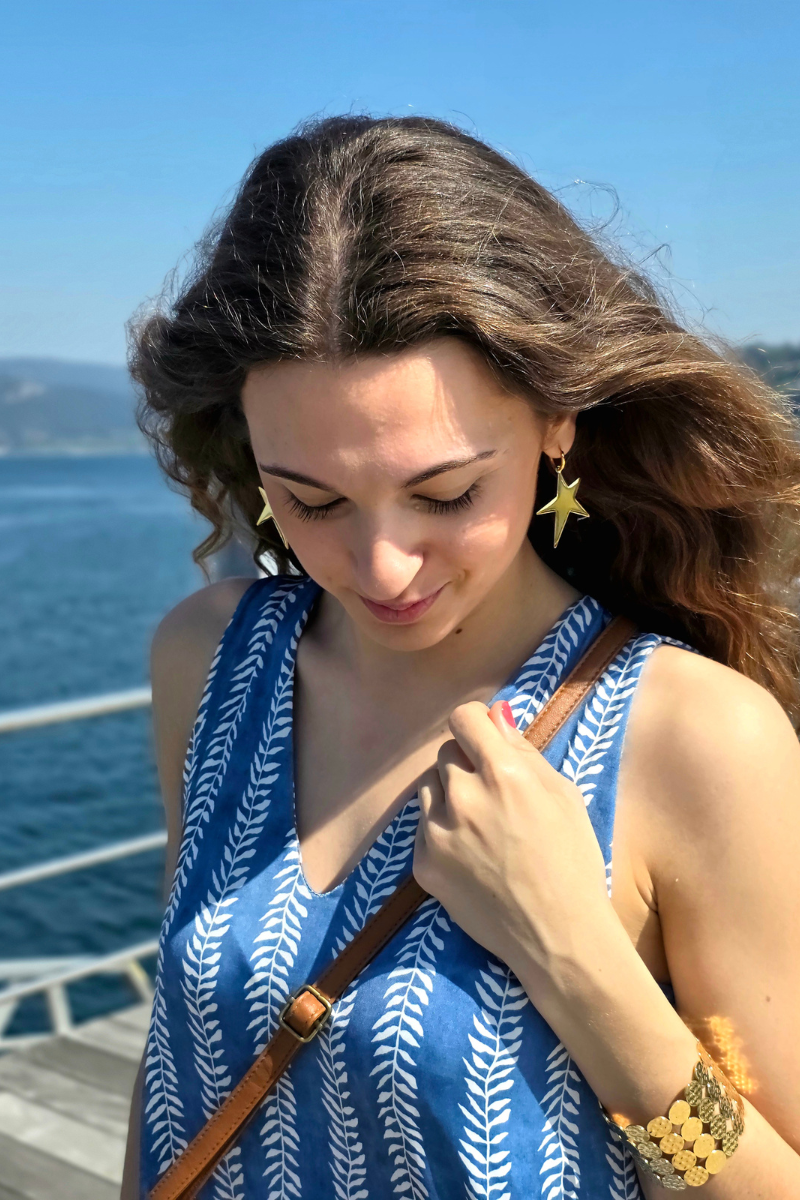 Vestido Largo Estampado Ramos Azul Jeans elástico