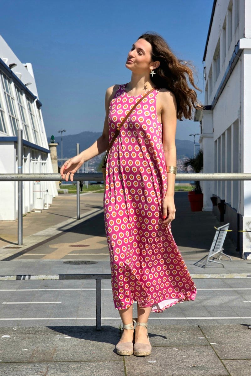 Vestido Largo Estampado Célula Fucsia elástico