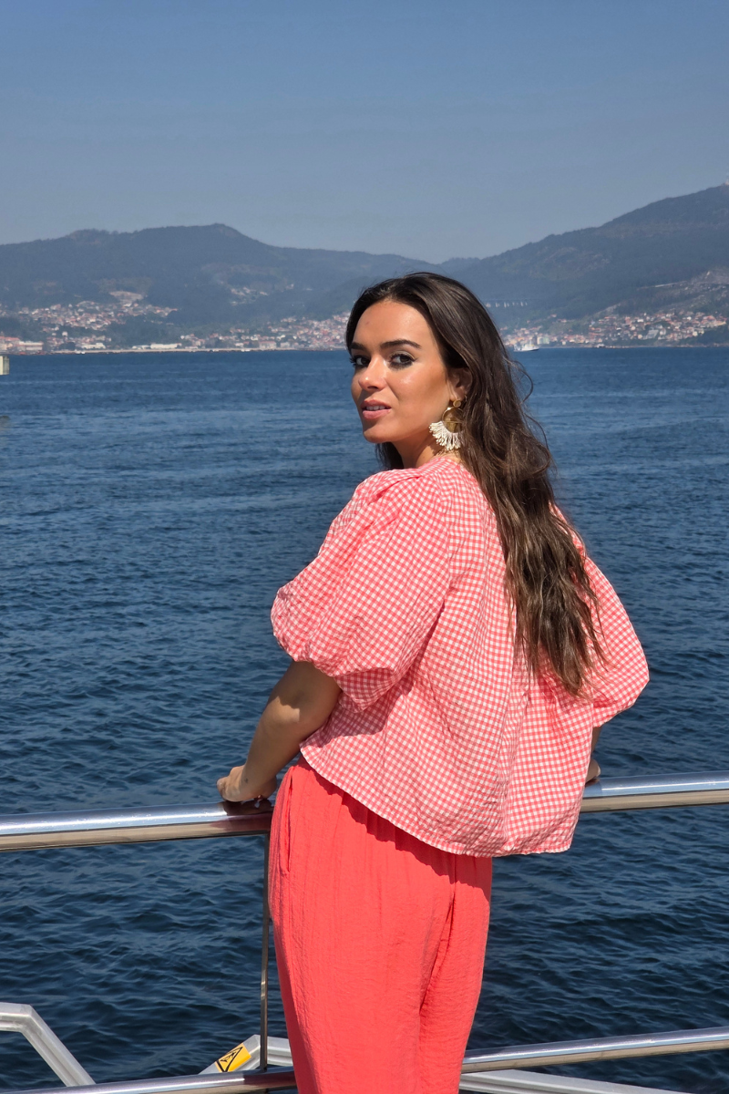 Blusa Manga Globo Cuadro Vichy Coral
