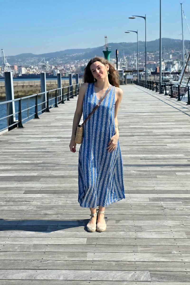 Vestido Largo Estampado Ramos Azul Jeans elástico