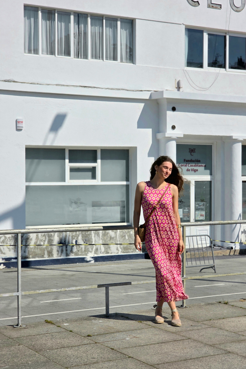 Vestido Largo Estampado Célula Fucsia elástico