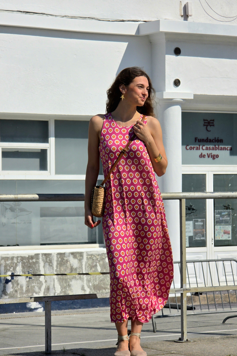 Vestido Largo Estampado Célula Fucsia elástico