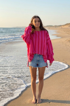 Sudadera Oversize Fucsia Rayas Rojas