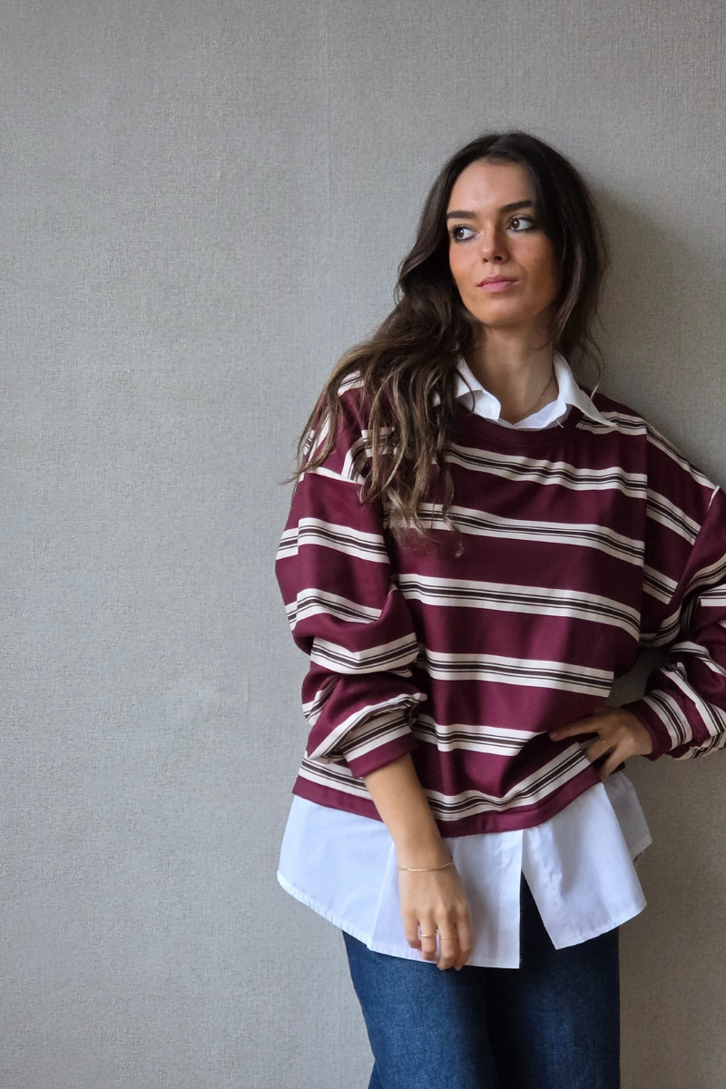 Jersey de Rayas Burdeos y Marrón con Cuello Camisa