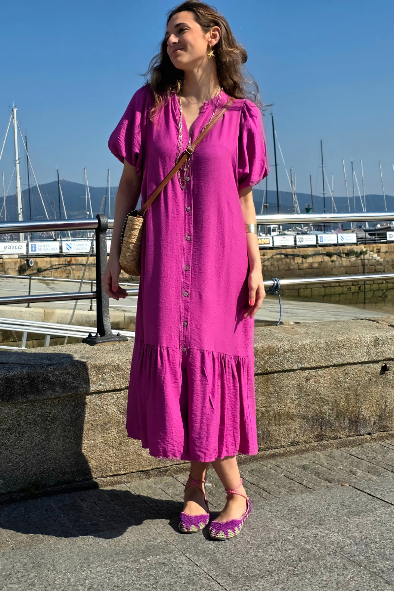 Vestido Manga Globo Magenta