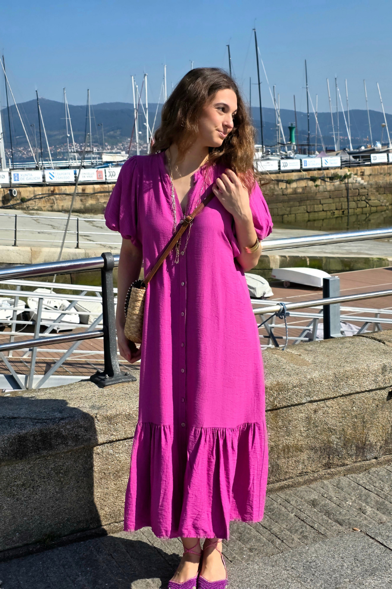 Vestido Manga Globo Magenta
