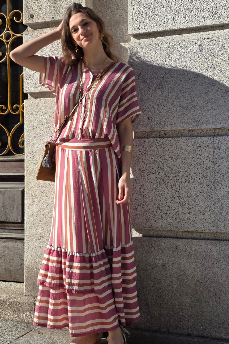 Falda Rayas Rosa con Volantes