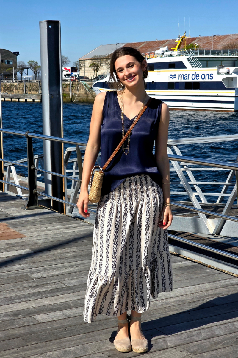 Falda Larga Estampado de Hojas Azul Marino