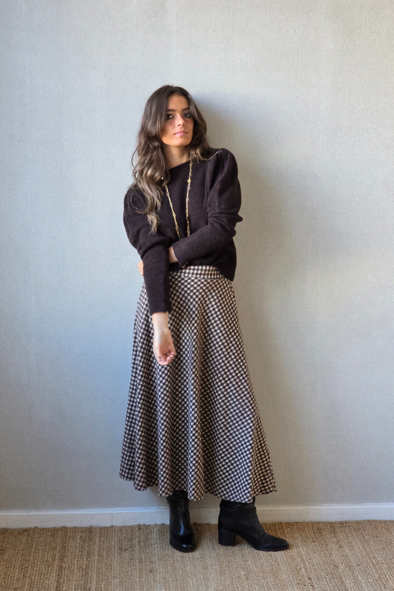 Falda evase de cuadros vichy chocolate