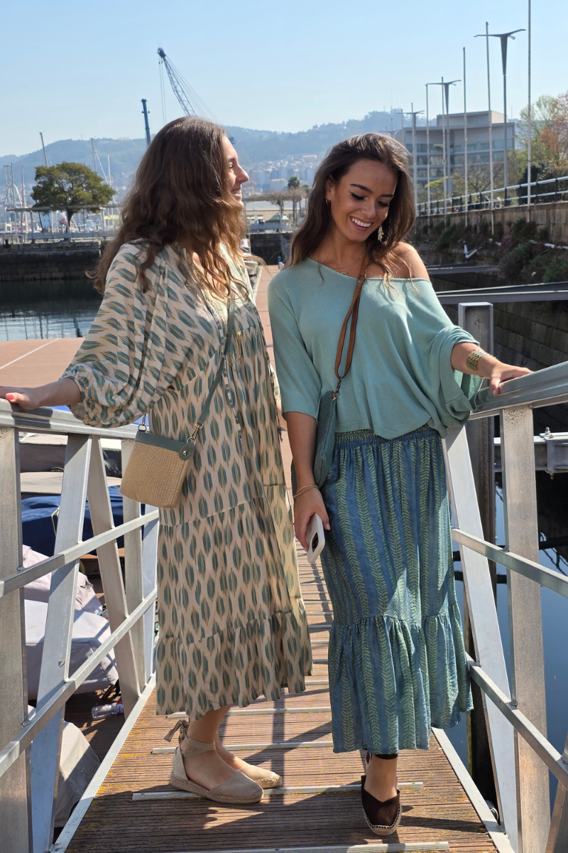 Falda Larga Estampado de Hojas Verde