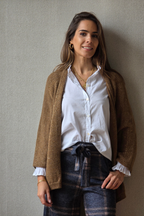 Chaqueta de punto tipo kimono brillos camel