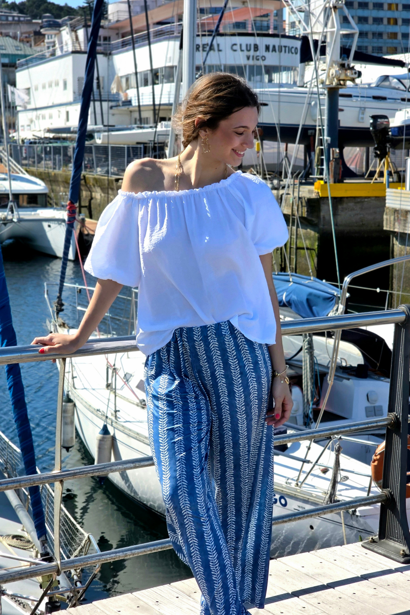 Pantalón Estampado Hojas Azul Jeans