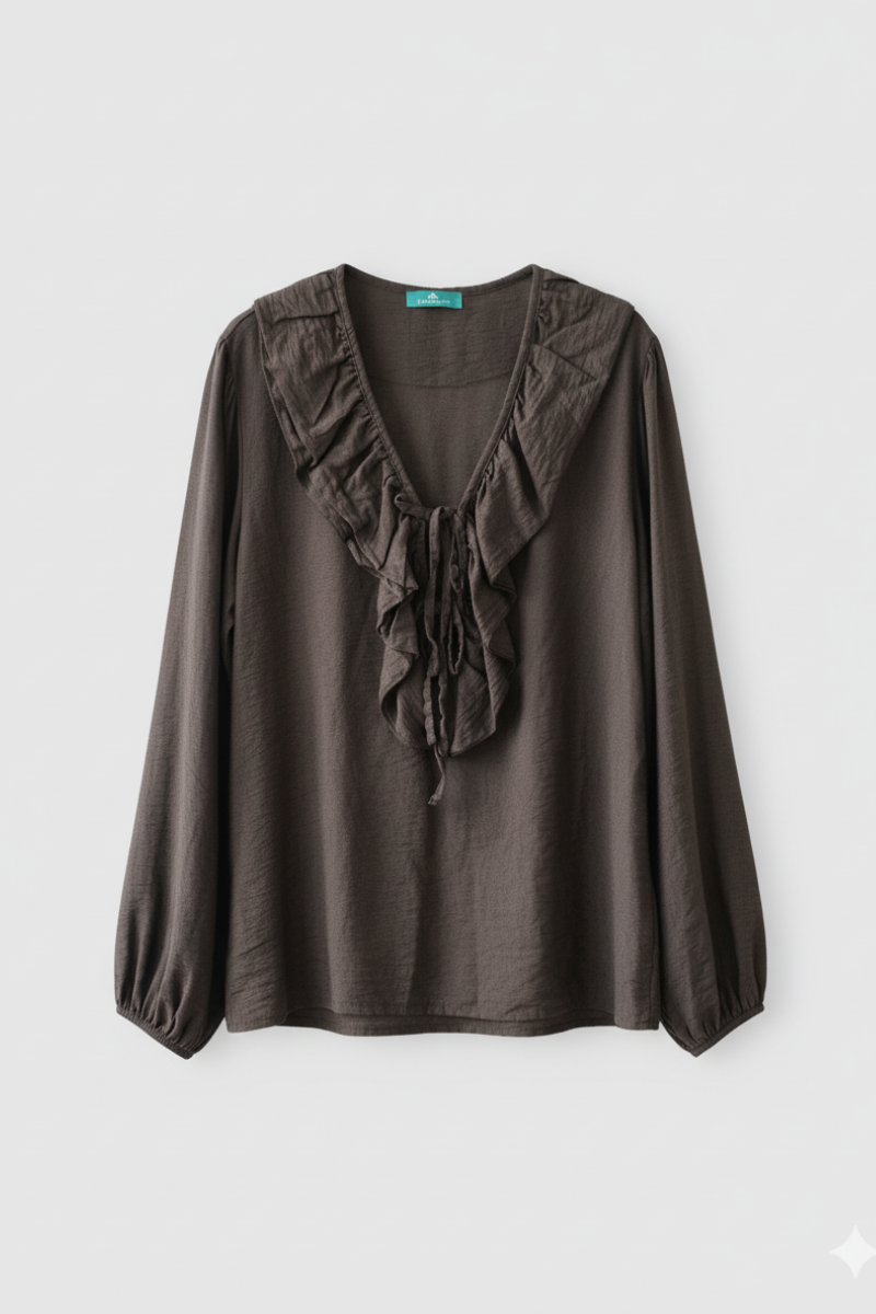Blusa romántica con volantes marrón chocolate