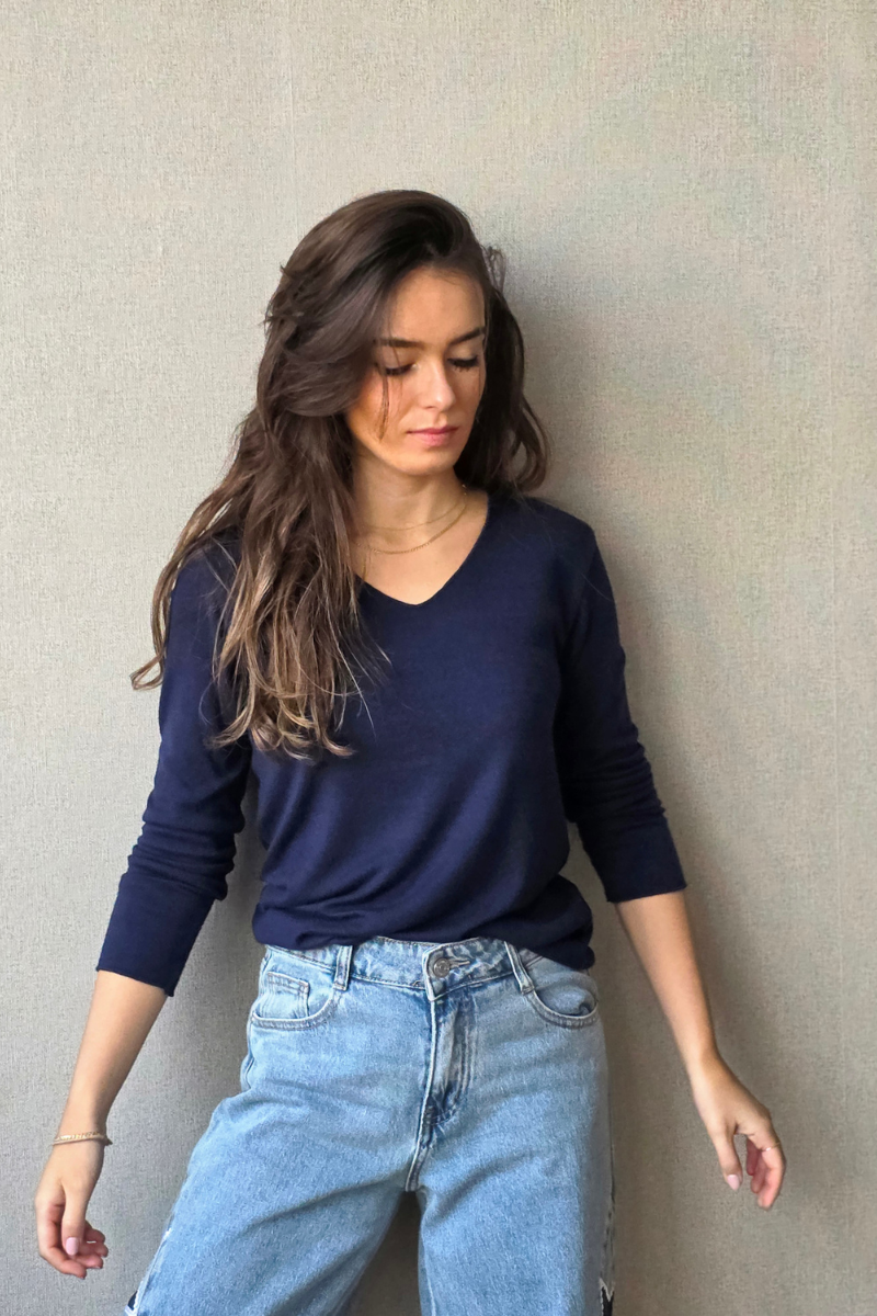 Jersey Fino de Cuello Pico - Azul Jean