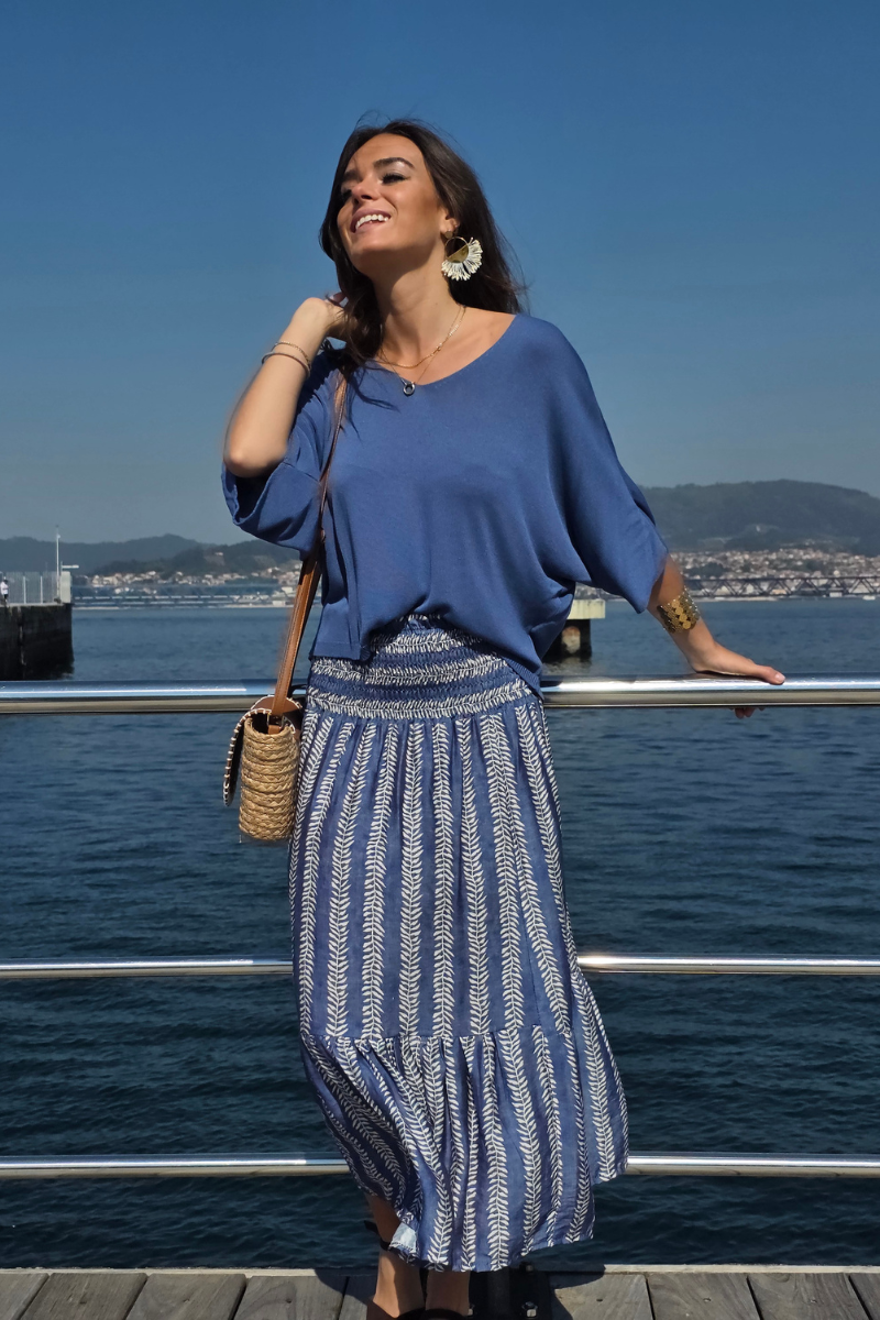 Falda Larga Estampado de Hojas Azul Jeans