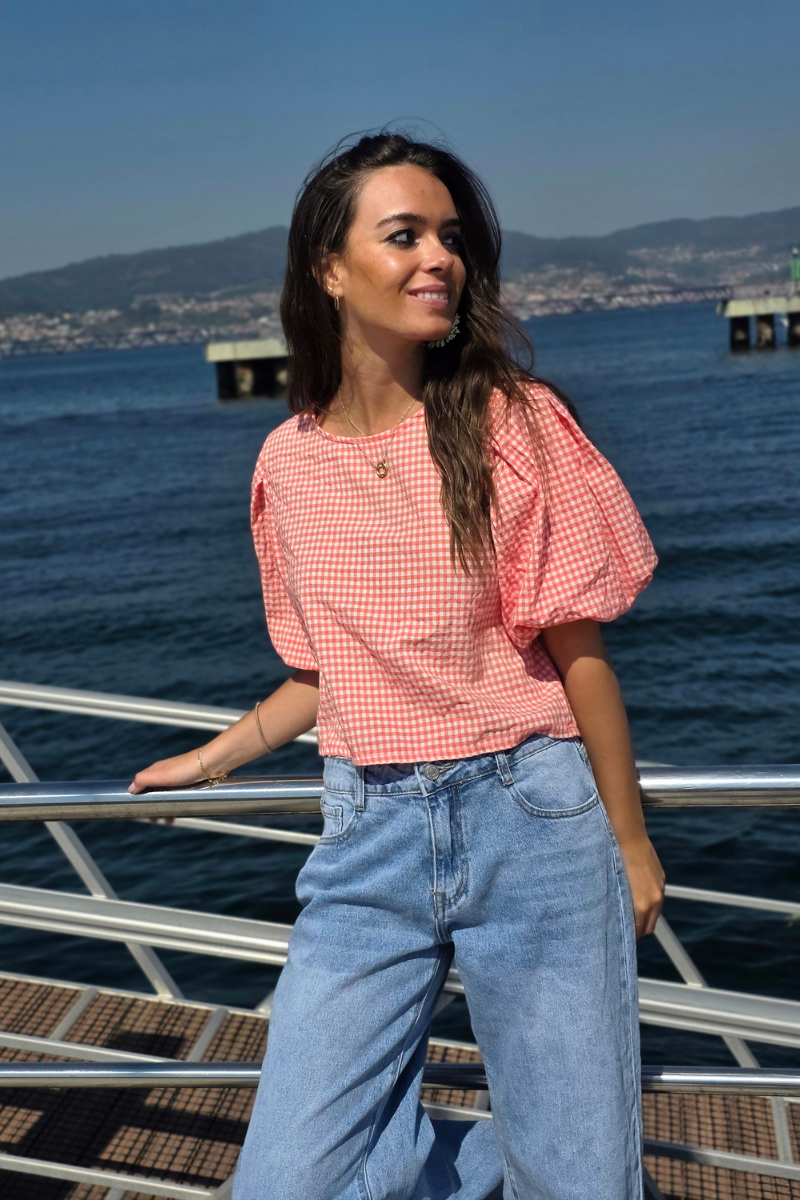 Blusa Manga Globo Cuadro Vichy Coral