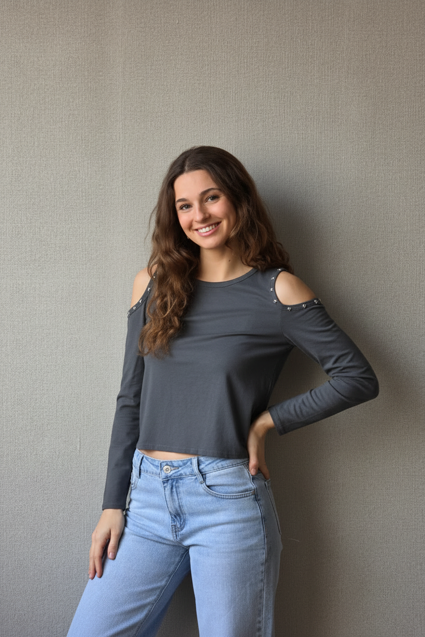 Camiseta Sin Hombros con Estrellas - Gris