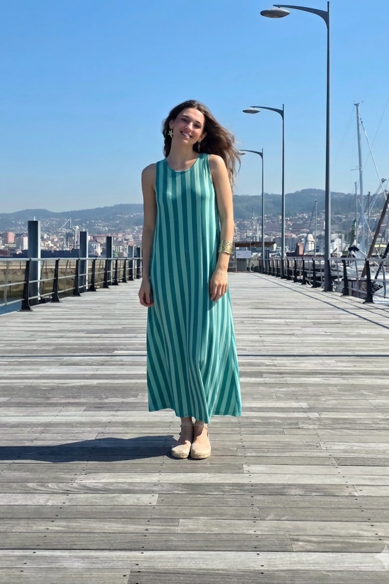 Vestido Elástico de Rayas Verde bonito