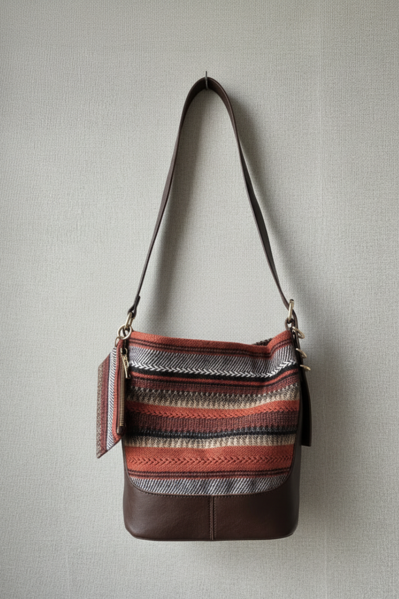 Bolso marrón con tela étnica