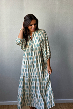 Vestido Mangas Abullonadas Estampado Verde Agua