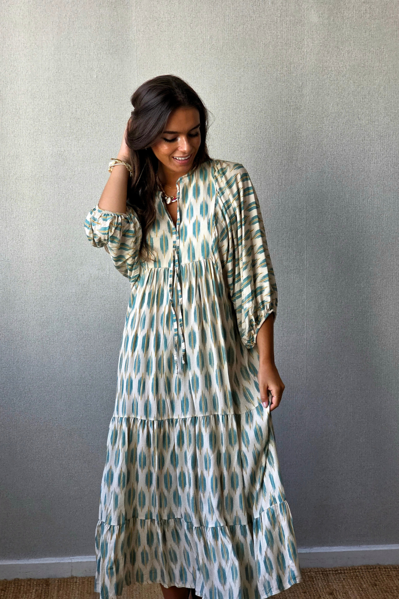 Vestido Mangas Abullonadas Estampado Verde Agua