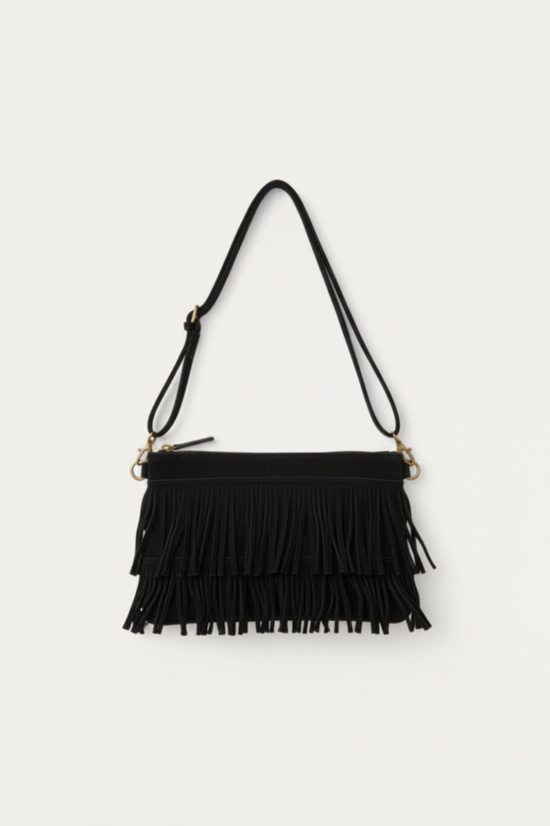 Bolso sobre de ante con flecos negro