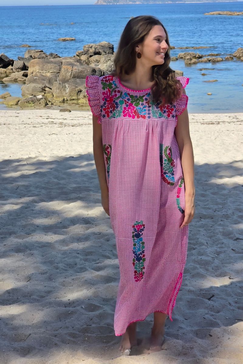 Vestido mexicano cuadro vichy fucsia