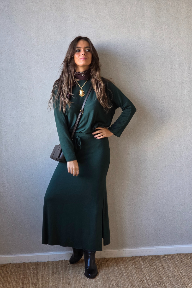 Falda larga de punto verde botella