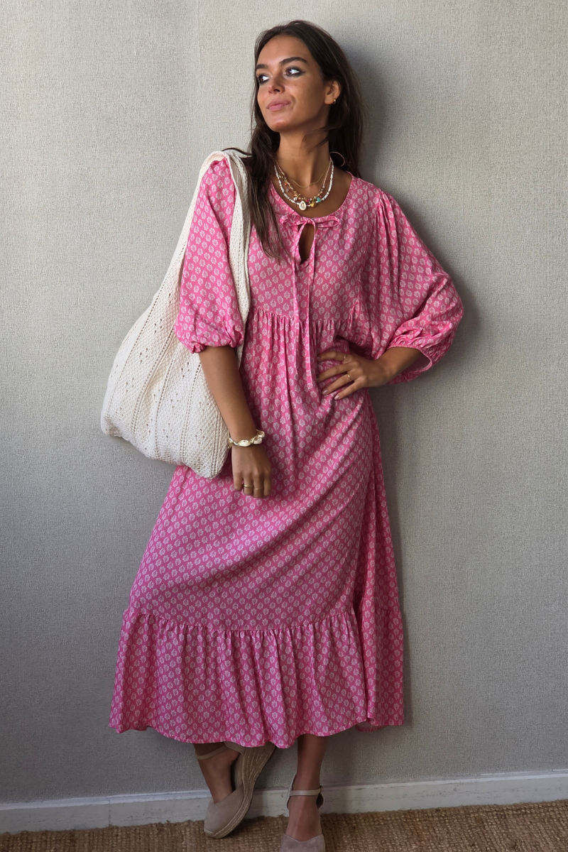 Vestido Largo Flores M. Globo Fucsia